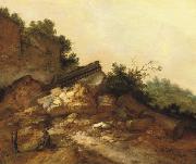 A rocky landscape with two peasants conversing near classical ruins